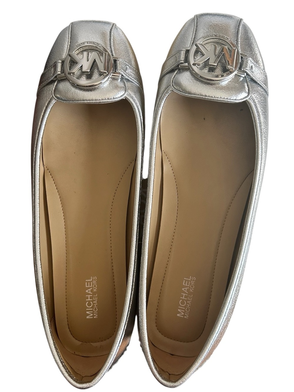 Michael Kors Metallic Silver MK Circle Logo Ballet Flats New in box Size 10